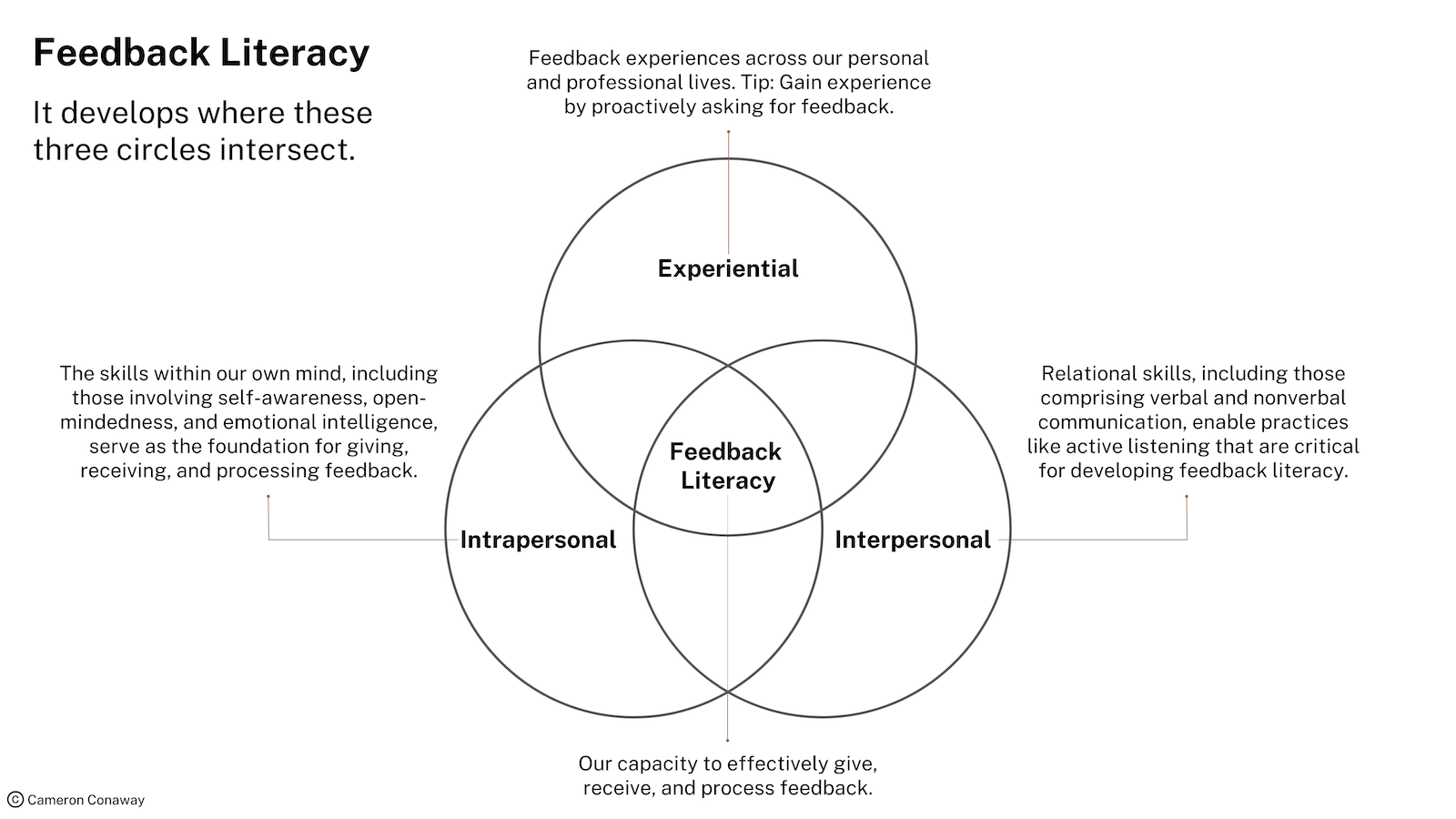 The Feedback Literacy Venn Diagram includes 4 sections, with Feedback Literacy in the center. Intrapersonal: The skills within our own mind, including those involving self-awareness, open-mindedness, and emotional intelligence, serve as the foundation for giving, receiving, and processing feedback. Interpersonal: Relational skills, including those comprising verbal and nonverbal communication, enable practices like active listening that are critical for developing feedback literacy. Feedback Literacy: Our capacity to effectively give, receive, and process feedback. Experiential: Feedback experiences across our personal and professional lives. Tip: Gain experience by proactively asking for feedback.